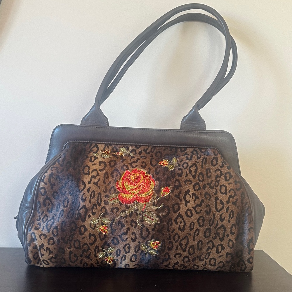 MARINO FABIANI Leather Embroidered Satchel Bag Leopard Print New